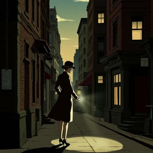 SHADOW, shadow box art mode, layered scenes, three-dimensional effects, era 2020s contemporary, casual attire, solo, shadow box art style,  a figure  of a detective woman In a dark alley on a 1920s retro Chicago street, she searches for clues with a flashlight in her hand, scene depicted in a detailed shadow box scene, ¬the layered scenes and three-dimensional effects adding depth, flat shadows, soft glow filter, long scary shadows,cartoon-style,Mh1$AgThS2