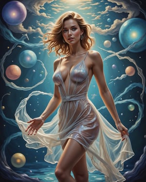 (masterpiece), surrealist painting, vivid dreamscape, otherworldly colors, best quality, good anatomy, (1 girl), a captivating woman depicted from the waist up, her body seemingly floating in a dreamlike, ethereal space. Her translucent gown clings softly to her form, subtly revealing her curves as it shimmers with otherworldly light. Her hand reaches out toward the viewer, her expression one of curiosity and desire, as her lips curl into a faint, inviting smile. Her hair seems to float around her in soft waves, as if suspended in water, glowing faintly with streaks of iridescent color. Behind her, the background swirls with surreal, abstract patterns of light and shadow, creating an atmosphere that is both sensual and mysterious, evoking the feeling of being lost in a dream.