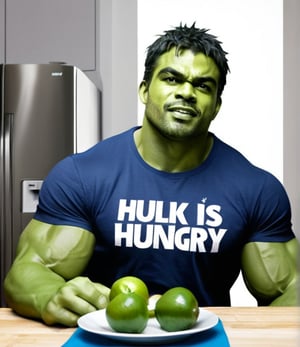 hulk in a t-shirt with the inscription "hulk is hungry"