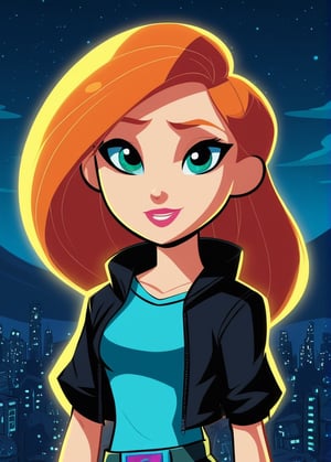 kim possible, detailed face, beautiful enverinment, comic style, full body, 2d animation, loose hair, night city, dark sky