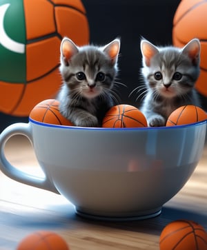 Octane render. 4 cute tiny cats playing basketball inside a tea cup, 4k