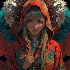 Kyoto Animation stylized anime, a sensual woman with blonde hair, and blue eyes, with detailed ornate fur hooded kimono, red hooded kimono, miniskirt, fantasypunk. Cinematic lighting, ethereal light, intricate details, extremely detailed, incredible details, full colored, complex details, insanely detailed and intricate, hyper maximalist, extremely detailed with rich colors. masterpiece, best quality, HDR, UHD, unreal engine. Representative, fair skin, rich in details High quality, gorgeous, 8k, super detail, gorgeous light and shadow, detailed decoration, detailed lines,glitter,animeniji,niji,2D flat anime,