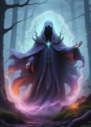 fantasy book cover art, magical, otherworldly, detailed, vivid colors arafed ghost in a dark forest with fog and trees