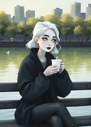 sem_young_illustration, black makeup, black lipstick, half body, sitting on a bench by the riverbank, very beautiful face, with pale skin, ultra detail, city background, 3d, 3d render, big eyes, cute octane render, with a cup of tea,Sem_Young_Illustration