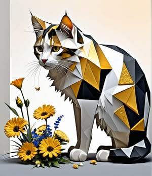 fragmented, full body, A cat, Half golden and half white, osmium, next to a bunch of flowers, a low poly render, surrealism, geometric shapes and pixel sorting, white gradient background, style of Anthony Gerace, russ mills, Dual representation, One half of the cat's face is white and the other golden geometric, gold-colored triangular facets that appear to be breaking away into smaller triangles, giving the impression of the cat transitioning into an abstract form, polygonal fragments, flowers growing out of his bodyfractal art, abstract, hyperrealistic, masterpiece, best quality,