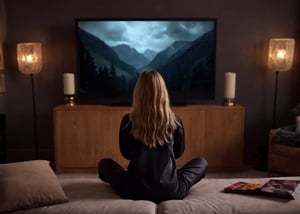 The view from the back. A girl with blonde hair is sitting on the couch in the room and watching TV. The girl is wearing black pajamas. The Harry Potter movie is on TV. The room is dark.