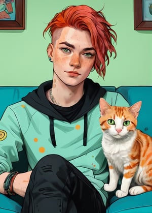 An illustration of a quirky boy with red hair, in the style of Flat shading, Gemma Correll, with freckles and a cat on his shoulder, photo-manipulated, cyberpunk genre, pastel green and yellow, sofa, room, detailed face