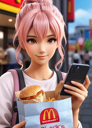 Cute anime girl with pink hair gathered in a messy bun, bangs, against the background of McDonald's, with a paper bag with the inscription "McDonald's", she speaks on a smartphone