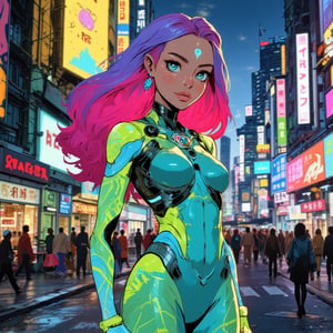 An anime character with an exotic appearance, standing against the background of a bright and colorful city. The character is a tall girl with long, wavy hair that shimmers from bright pink to purple. Her large, expressive eyes have a rich emerald color and shine with a bright light. She has light makeup on her face, emphasizing her eyes, and lip gloss, which gives her a mysterious look.

She is dressed in a unique outfit consisting of a tight-fitting jumpsuit with geometric patterns, made in bright shades of blue and green. The jumpsuit has luminous elements that change color depending on her emotions. On top, she wears a short jacket made of transparent material with metal inserts, giving her image a futuristic look.

On her wrists and neck there are ornaments in the form of small details resembling mechanical parts that emphasize her cybernetic nature. Her ears are decorated with unusual earrings in the shape of small shells, and on her forehead is a glowing symbol that radiates a soft glow.

Against the background of the character are bright neon signs, flying cars and a crowd of people in unique outfits that create the atmosphere of a futuristic metropolis. All the details are carefully worked out, creating the effect of complete immersion in the world of anime. The scene is filled with dynamics and life, and the character stands out with bright colors and unusual design,animeniji,niji,2D flat anime,