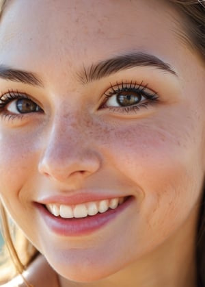  close-up photo of a woman taken with a professional camera, with excellent details and natural skin, in daylight outdoors, with a sweet smile
