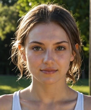 Raw photo portrait of a woman without makeup, sunny day, outdoors, smirk, detailed eyes, detailed pupils, natural skin, skin details, 30yo, shoulders