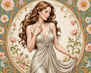 (masterpiece), art nouveau, intricate flowing lines, soft pastel colors, best quality, good anatomy, (1 girl), a graceful woman depicted from the waist up, her body delicately turned to the side, as her flowing gown clings softly to her form. Her hand gently rests on her exposed collarbone, while her long, wavy hair cascades down her shoulders, intertwined with delicate floral patterns. Her expression is serene, with a soft, welcoming smile. The background is filled with intricate, swirling floral motifs and organic shapes, adding to the sense of harmony and sensuality, capturing the essence of timeless beauty