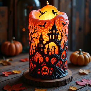 CANDLE, A beautifully carved Halloween candle, intricately designed with deep, layered patterns of haunted houses, twisted trees, and eerie jack-o'-lantern faces. The candle glows softly from within, casting flickering shadows on the surrounding walls. The layers of wax create a sense of depth, with each detail—from ghostly figures in the windows to bats circling the moon—carved meticulously into the wax. The top of the candle is shaped like a full moon, with silhouettes of witches flying on broomsticks. The warm orange light from inside the candle illuminates the delicate carvings, giving the scene an ethereal, otherworldly glow. The candle sits on a weathered wooden table, surrounded by scattered autumn leaves, adding to the Halloween ambiance,Silhuflowart,Silhouette,Fluid,JamesJean,vibrant,fantasy,dreamlike,whimsical,swirling patterns,swirling colors,surreal,illustration,animeniji,NijiCreature