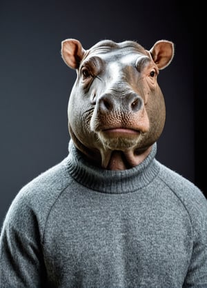 unreal portrait of man-hippopotamus hybrid face, Focus: photorealistic textures, human shape and hippo face detail, with human eyes, cap, introspective expression, human-hippopotamus ears asymmetric, he has curly hair, clothing: turtleneck sweater. Photo Type: high-resolution studio shot. He stands in front of the camera. Color Tone: neutral-warm, Background: minimalist grey, Mood: contemplative