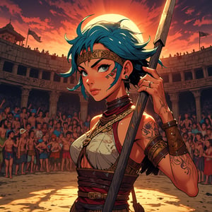 animeniji,niji,2D flat anime, a skilled gladiator with short blue hair and tribal tattoos, stands confidently in the center of an ancient arena, preparing to face a fierce opponent. The crowd cheers as she grips her spear, her expression fierce and focused. The sun sets behind her, casting dramatic shadows across the sand, highlighting the intensity of the moment, richly detailed background.