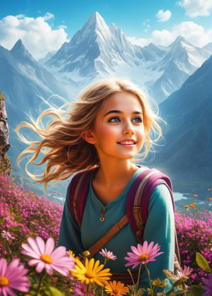 A girl explores a magical world, adventure, magic, Fantasy, impossible, Cute, happy, close-up, Landscape, colourfull, break (Masterpiece, Best Quality, wall paper, 4k, splendid, intrikate), mountains, Particle, Strnage Flower, happiness, surprised, surprise, curious, perfect faces, glittering, treasure, Nature, EpicSky