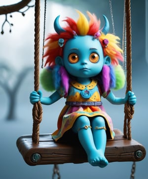 a cute monster doll girl, on a swing, fantastical, intricate, octane render