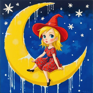 A medium-sized, cartoon-like painting of a woman in a red dress and a red hat is sitting on a yellow crescent moon. The woman's dress is adorned with a blue and white pattern, and she is wearing a pair of black shoes. Her hair is blonde, and her eyes are a piercing blue. The moon is covered in water droplets, and the moon is a vibrant yellow color. The background is a deep blue, with white stars dotting the sky.