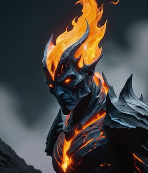 In a dimly lit, smoldering landscape, a humanoid figure dominates the frame, its angular hood resembling a shard of crystal. Smooth, greyish-blue skin glows softly under the faint light, while piercing orange eyes blaze like hot coals against the dark backdrop. Sharp facial features and an intense gaze convey a sense of focus and determination. Molten lava flows and abstract shapes dance in the distance, casting a fiery glow that contrasts starkly with the dark surroundings, creating a mesmerizing and otherworldly atmosphere.