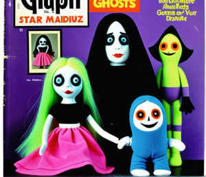 claymation characters plush puppet long haired neon ghosts and goth girl, full colour magazine photo 1965