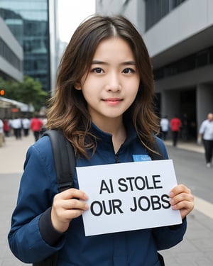 girl with a sign saying "AI stole our jobs"