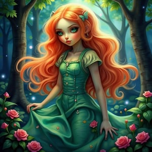  a beautiful woman with long red hair, casting a spell, a picture of half a body, a magical forest in the background, 0r1g