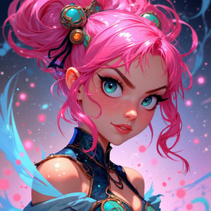 animeniji, anime, niji, 2D flat anime, (off-center composition, dynamic left aligned composition), A close-up of a magical girl with sparkling pink hair, her eyes shining with determination. She wears an elegant outfit adorned with ribbons and magical symbols, and her expression is fierce yet kind. The background is filled with soft, swirling colors, suggesting the presence of magic.