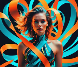 Digital illustration mode, dynamic brushstrokes, vibrant colors, era 2020s contemporary art, avant-garde fashion, solo, vibrant surreal style, Rating SFW, a striking portrait of a woman with vivid orange and teal ribbons swirling around her, ¬the digital illustration captures the intense color contrasts and fluid motion, neon glow filter.