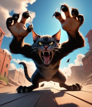 Furious Feline Fury: A menacing anthropomorphic angry cat dominates the frame, its razor-sharp claws extended in a menacing arc as it grins wickedly at the camera. The fish-eye lens distorts the scene, emphasizing the cat's imposing presence. ((Its paws stretch out towards the viewer, claws splayed in a threatening manner)) In a wide-angle shot, the cat fills the screen, its fury and malevolence radiating directly into the viewer.