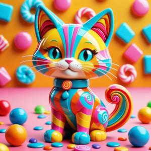 CANDY, Candy art mode, colorful shapes, glossy textures, era 2020s contemporary, casual attire, solo, candy art style, Rating SFW, a figure of a cat made from candy depicted in detailed candy art, the colorful shapes and glossy textures adding a playful look, candy light filter