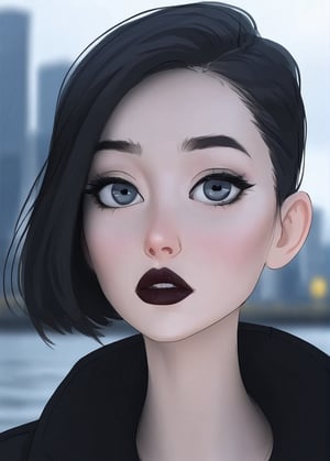 sem_young_illustration, black makeup, black lipstick, closeup, very beautiful face, with pale skin, ultra detail, city background, 3d, 3d render, big eyes, cute octane render, shoulders