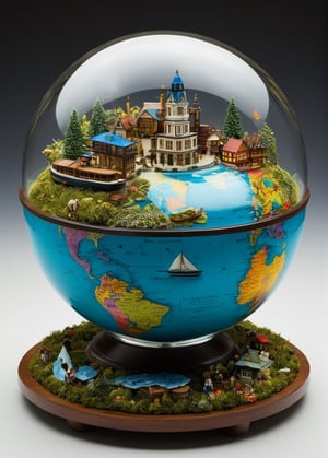 The image is a creative and colorful piece of art, featuring a large glass globe that appears to be a miniature version of the Earth. The globe is filled with various objects, including a boat and a number of people. The boat is positioned towards the center of the globe, while the people are scattered throughout the scene, some closer to the edges of the globe and others more towards the center.

The glass globe is surrounded by a multitude of colorful objects, creating a vibrant and lively atmosphere. The combination of the glass globe, the boat, and the people gives the impression of a dynamic and ever-changing scene, possibly representing the