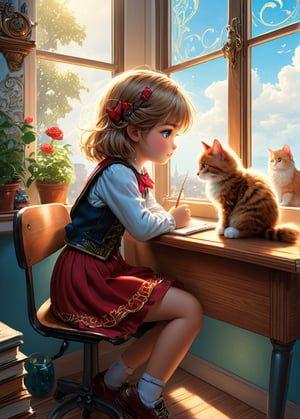 A comic style, In a school classroom, a cute girl sitting at a desk by the window, and a fluffy cat is sitting on the windowsill. (they look at each other), funny photo, cute, Disney style, intricate details