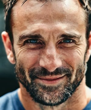 Raw photo portrait of a rugged man, sunny day, outdoors, smirk, detailed eyes, detailed pupils, natural skin, skin details, 30yo