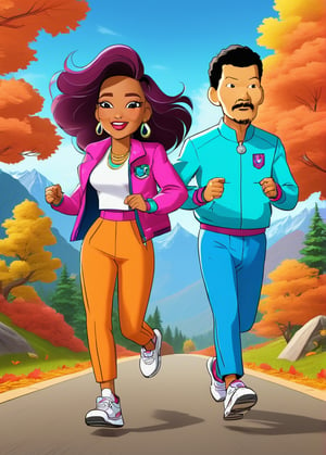 (Cartoon Gigi Thompson:1.1) with (cartoon dr.andre lee) together jogging, 3d, 3d render, mountains, vibrant colors, beautiful sky, autumn forest