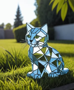 Photo of a cat made of pieces of broken glass, sunny day, juicy grass