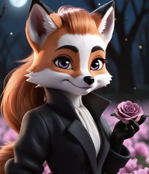 (antropomorfic ginger fox) dresed in coat, detailed eyes, detailed muzzle, half body shot, (flirting look), big cute eyes, long eyelashes, meadow, night, soft moonlight, gentle, eye catch, lips in a bow, high ponytail , no human, fluffy, with a black rose on her paw