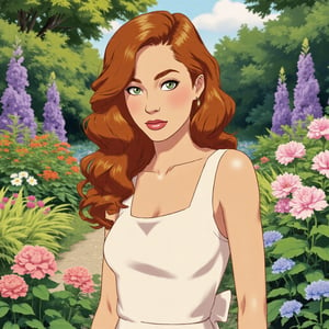  cute young woman with curly red hair, green eyes, white dress, In a magic flower garden,0r1g,Mh1$AgThS2,cartoon-style,cartoon-style