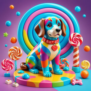 CANDY, Candy art mode, colorful shapes, glossy textures, era 2020s contemporary, casual attire, solo, candy art style, Rating SFW,  sculpture of a dog with a bone     made from candy depicted in detailed candy art in candy land, the colorful shapes and glossy textures adding a playful look, candy light filter, smooth textures,  translucent textures, vibrant colors 