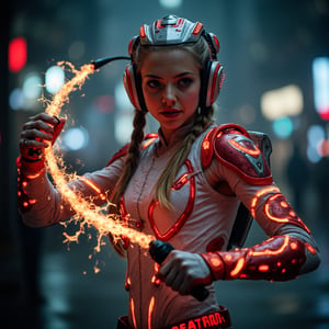 Against a dimly lit, neon-lit cityscape, Amanda Seyfried's cyber soldier emerges, her braided pigtails a striking contrast to the sleek white and red armor adorning her body. Bio-organic lights on her shoulder pulse with an otherworldly glow, as she wields a plasma whip that crackles with intense flames. Her helmeted face exudes mystique and menace, while sharp facial expressions and toned arms reveal her unyielding determination. The muted backdrop allows her armor, bio-lights, and piercing gaze to take center stage, crafting a mesmerizing cyberpunk portrait of power, elegance, and technological fusion.