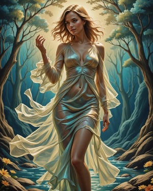 (masterpiece), surrealist painting, vivid dreamscape, otherworldly colors, best quality, good anatomy, (1 girl), a captivating woman depicted from the waist up, her body seemingly floating in a dreamlike, ethereal space. Her translucent gown clings softly to her form, subtly revealing her curves as it shimmers with otherworldly light. Her hand reaches out toward the viewer, her expression one of curiosity and desire, as her lips curl into a faint, inviting smile. Her hair seems to float around her in soft waves, as if suspended in water, glowing faintly with streaks of iridescent color. Behind her, the background swirls with surreal, abstract patterns of light and shadow, creating an atmosphere that is both sensual and mysterious, evoking the feeling of being lost in a dream.