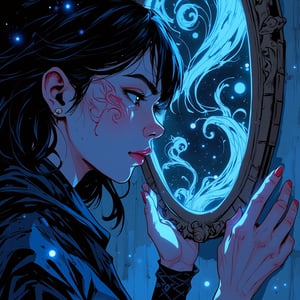 animeniji, anime, niji, 2D flat anime,   a close-up of a mysterious sorceress gazing into a magical mirror. Her expression is one of intrigue and caution as swirling images reflect in the glass, hinting at a hidden destiny. The intricate designs on her face and the shimmering magic surrounding her add depth to the scene.