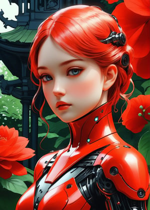 Ink illustration, close-up of a cybernetic girl in red, victorian garden