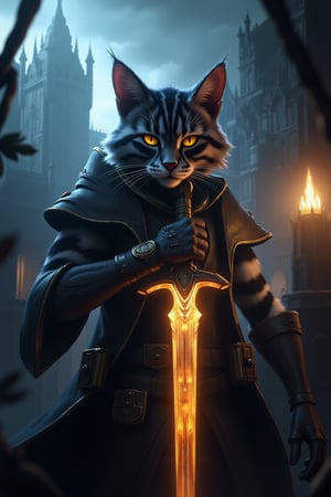 dark fantasy, An anthropomorphic striped cat with a huge glowing sword, against the background of a Gothic castle, perfect composition, beautiful detailed intricate insanely detailed octane render trending on artstation, 8 k artistic photography, photorealistic concept art, soft natural volumetric cinematic perfect light, chiaroscuro, award - winning photograph, masterpiece, oil on canvas, raphael, Epic_LOL 