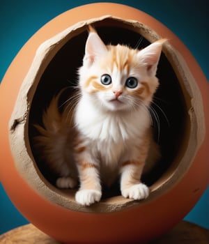 Whimsical shot of a playful kitten, endearingly anthropomorphized, with enormous wide-eyed innocence, perched precariously within the curves of a giant chicken egg. The soft focus and warm lighting emphasize the kitten's cuddly nature, while the egg's rounded shape creates a sense of containment and humor.