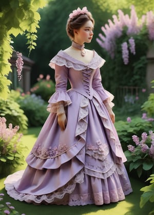a woman in lilac victorian dress, garden