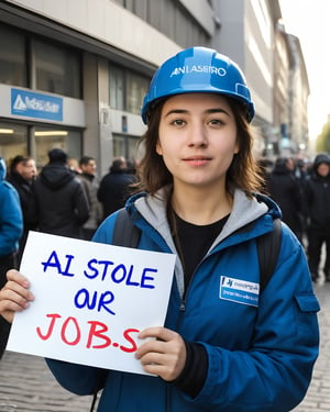 European girl with a sign saying "AI stole our jobs"