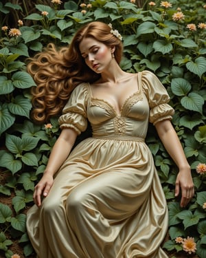 (masterpiece), pre-raphaelite art, rich detail, intricate fabric, best quality, good anatomy, (1 girl), a beautiful woman reclining in a bed of lush, green foliage. Her body is elegantly posed, her gown flowing around her in soft waves of fabric, revealing the gentle curves of her figure. Her expression is calm and serene, her eyes half-closed as if lost in thought. Her long, flowing hair cascades over her shoulders, intertwined with delicate flowers and leaves. The background is a lush, natural landscape, filled with vibrant greenery and delicate blossoms, creating a sense of harmony and connection with nature