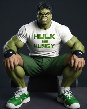  hulk in a t-shirt with the inscription "hulk is hungry"