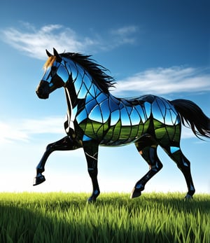 An amber and black striped Horse Made out of pieces_of_broken_glass. Clear Outline in Black. Strong Contrast. Cinematic., Broken Glass effect, in the juycy grass field, stunning, something that even doesn't exist, mythical being, energy, molecular, textures, iridescent and luminescent scales, breathtaking beauty, pure perfection, divine presence, unforgettable, impressive, breathtaking beauty, Volumetric light, auras, rays, vivid colors reflects, bright morning sky